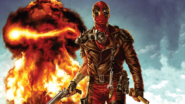 Обои картинки фото рисованное, комиксы, взрыв, огонь, пистолет, оружие, дэдпул