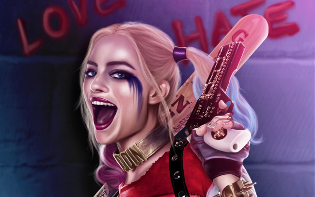 Обои картинки фото рисованное, кино, злодей, пистолет, девушка, art, harley, quinn, suicide, squad, margot, robbie