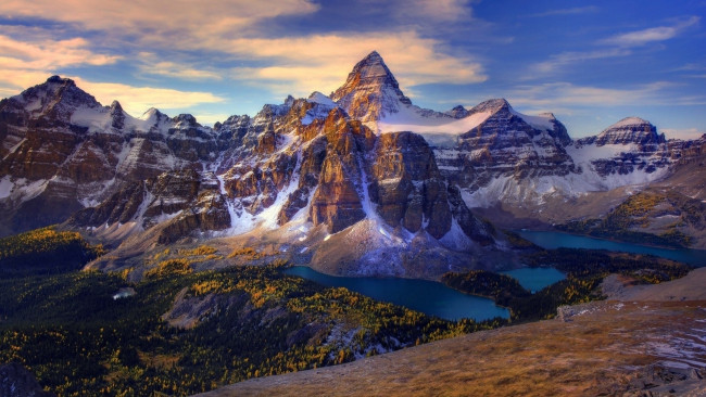 Обои картинки фото природа, горы, озера, леса, снег, небо, облака