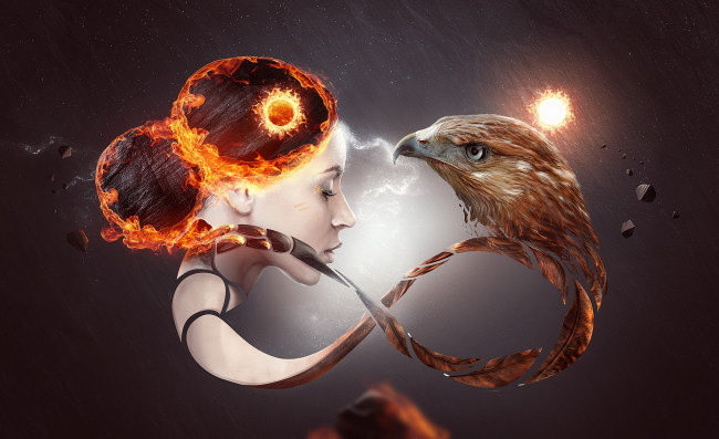 Обои картинки фото разное, компьютерный дизайн, орел, лицо, девушка, знак, бесконечность