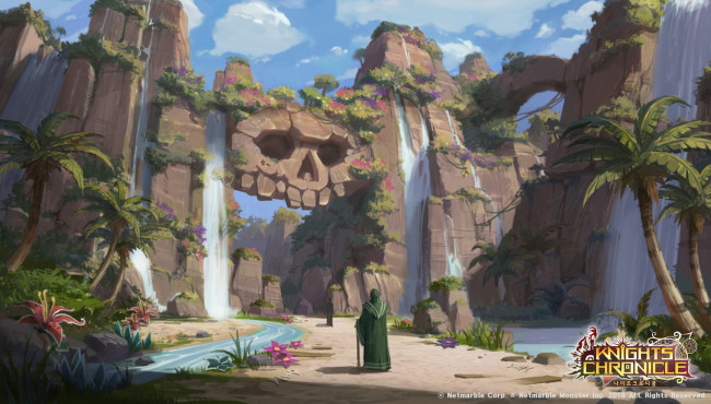 Обои картинки фото видео игры, knights chronicle, скалы, ворота, водопады, река, дорога, люди