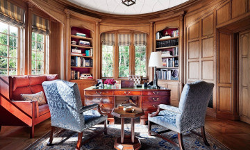 обоя интерьер, кабинет,  библиотека,  офис, письменный, стол, книжные, шкафы