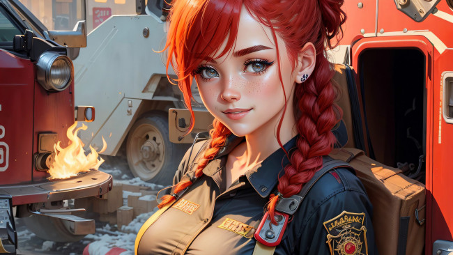 Обои картинки фото рисованное, люди, нейросети, графика, нейроарт, ai, art, нейронные, сети, рисунки, нейро, искусство, девушка, пожарная