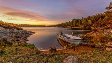 Картинка корабли моторные+лодки лес озеро лодка моторная закат