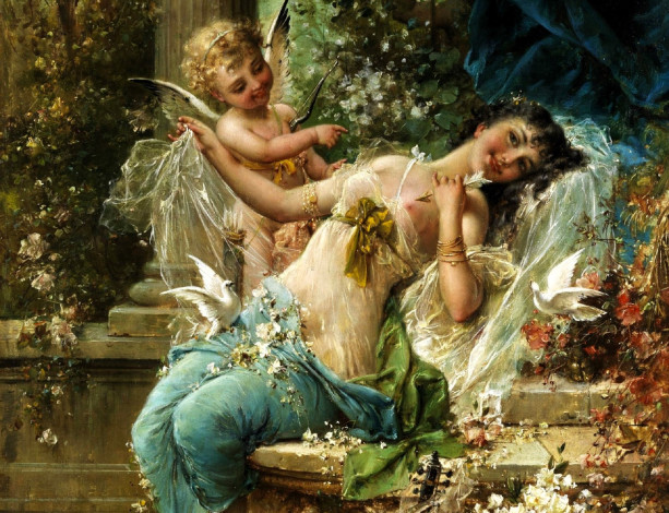 Обои картинки фото рисованное, hans zatzka, девушка, стрела, купидон, голубь, цветы