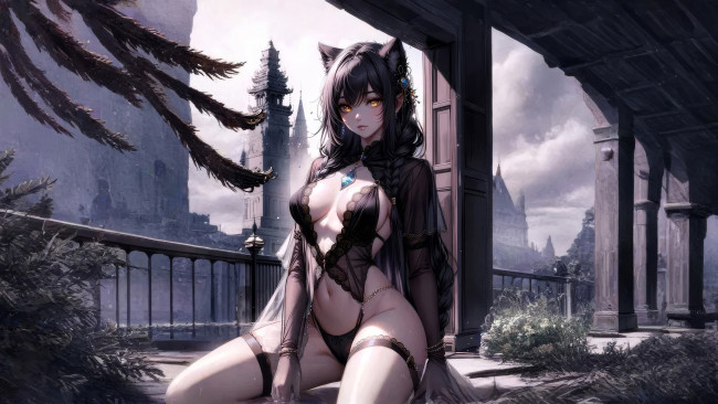 Обои картинки фото аниме, животные,  существа, красивая, девушка