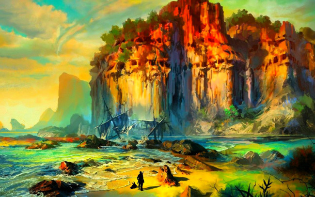 Обои картинки фото видео игры, tera, скала, берег, море, камни, корабль, человек