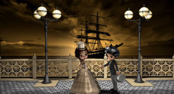 Картинка 3д графика people люди фонари парусник