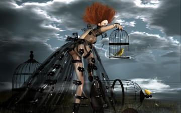 Картинка 3д графика people люди девушка птицы клетка рендеринг