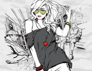 Картинка векторная+графика девушки стиль браслеты очки кофта метро сердце люди девушка