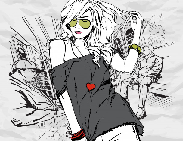 Обои картинки фото векторная графика, девушки, стиль, браслеты, очки, кофта, метро, сердце, люди, девушка