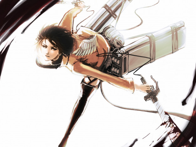 Обои картинки фото аниме, shingeki no kyojin, вторжение, гигантов, солдат, белый, фон, микаса, арт, атака, титанов