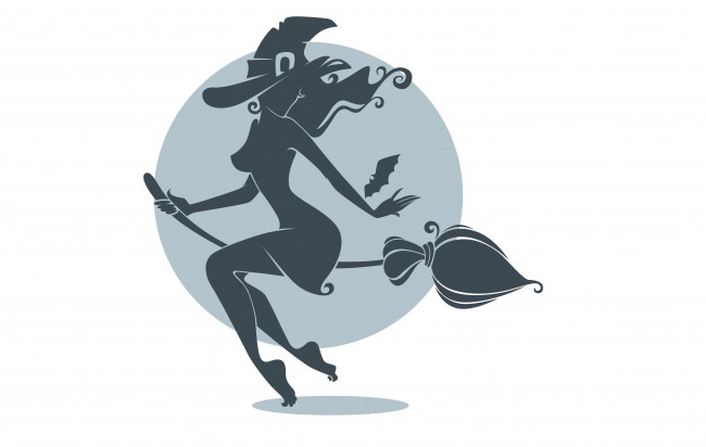 Обои картинки фото рисованные, минимализм, halloween, праздник, силуэт, шляпа, метла, летучая, мышь