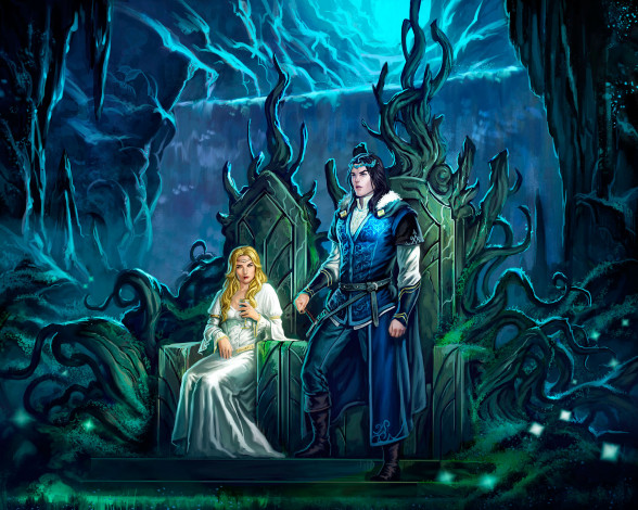 Обои картинки фото фэнтези, люди, арт, трон, король, королева, парень, девушка, блондинка, брюнет