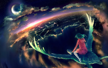 Картинка аниме животные +существа черепаха девочка