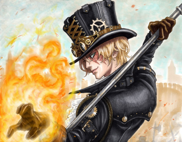 Обои картинки фото аниме, one piece, парень, шляпа, огонь