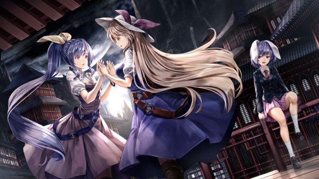 Обои картинки фото аниме, touhou, фон, девушки, взгляд