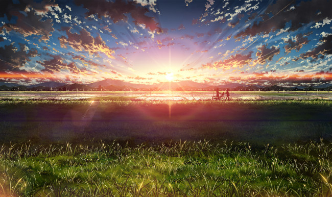 Обои картинки фото аниме, unknown,  другое, силуэты, закат