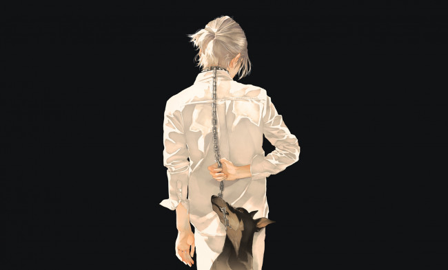 Обои картинки фото аниме, животные,  существа, собака, парень, цепь