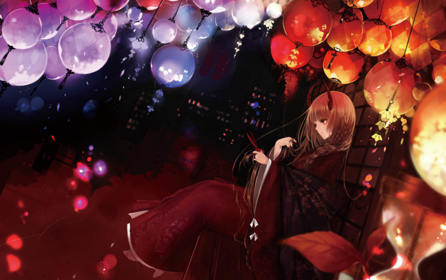 Обои картинки фото аниме, ангелы,  демоны, девушка, фонари, рога