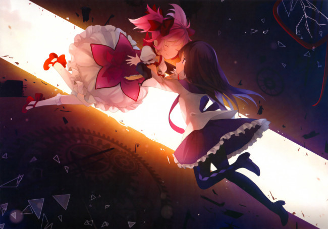 Обои картинки фото mahou shoujo madoka magika, аниме, фон, взгляд, девушки