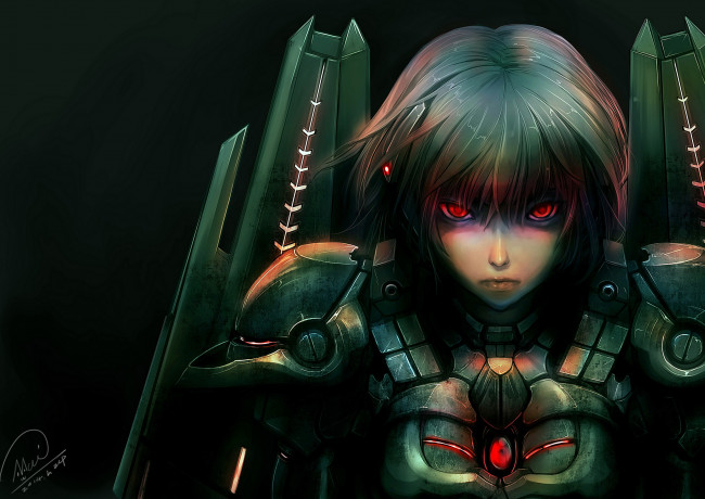 Обои картинки фото аниме, оружие,  техника,  технологии, art, shou, mai, меха, девушка, mechagirl, красные, глаза