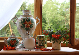 Картинка еда рябина ягоды чай самовар натюрморт