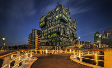 Картинка dutch+architecture +zaandam города -+здания +дома ночь огни inntel+hotels+amsterdam огни+города ночные+огни нидерланды голландия
