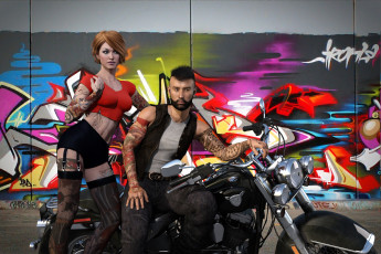 Картинка 3д+графика люди-авто мото+ people-+car+ +moto девушка взгляд фон парень