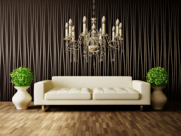 Обои картинки фото 3д графика, реализм , realism, вазы, цветы, люстра, интерьер, модерн, interior, room, диван
