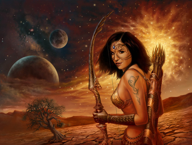 Обои картинки фото фэнтези, девушки, девушка, лук, маска, взгляд, фон