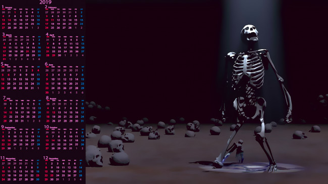 Обои картинки фото календари, 3д-графика, скелет, череп, calendar, 2019