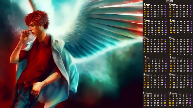 Обои картинки фото календари, фэнтези, сигарета, ангел, мужчина, calendar, 2019, парень, курит, крылья