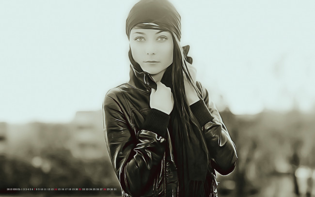 Обои картинки фото календари, компьютерный дизайн, 2019, calendar, куртка, женщина, платок, девушка, взгляд