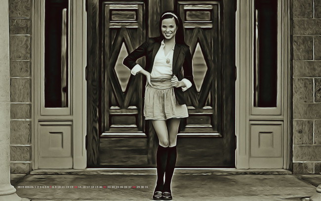 Обои картинки фото календари, компьютерный дизайн, девушка, дверь, женщина, улыбка, 2019, calendar