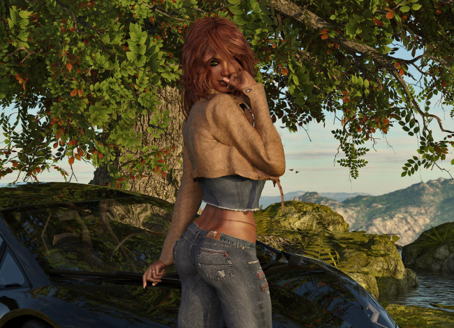 Обои картинки фото 3д графика, люди-авто, мото , people- car ,  moto, девушка, взгляд, фон