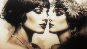 Картинка две+девушки+вместе рисованное живопись девушка украшения лицо стиль ретро девушки портрет макияж лица сепия две монохром прически брюнетки закрытые глаза имитация живописи ии-арт нейросеть