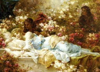 Картинка рисованное hans+zatzka девушка сон сад цветы люди