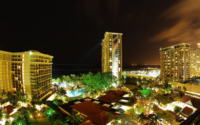 Обои картинки фото города, огни, ночного, waikiki, honolulu, hawaii