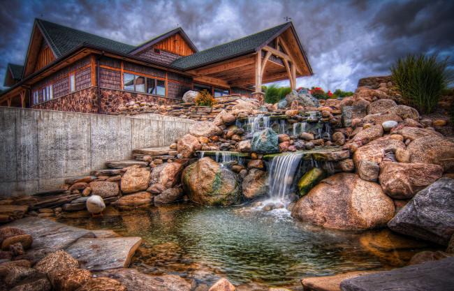 Обои картинки фото природа, парк, дом, камни, каскады
