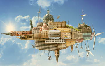 Картинка разное компьютерный дизайн небо пропеллеры облака дома абстракция