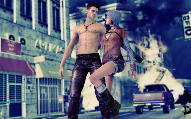 Обои картинки фото devil, may, cry, видео, игры, парень, город, девушка