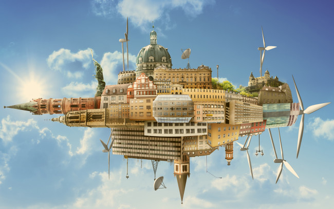 Обои картинки фото разное, компьютерный, дизайн, небо, пропеллеры, облака, дома, абстракция