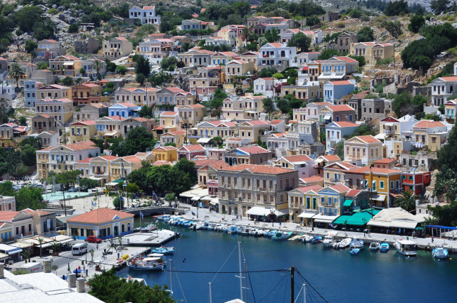 Обои картинки фото греция, egeo, ano, symi, города, улицы, площади, набережные, мост, дома, катера, река