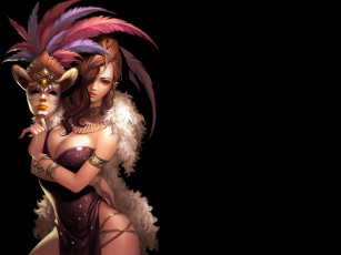 Картинка фэнтези девушки мех sigmul перья маска темный фон девушка арт
