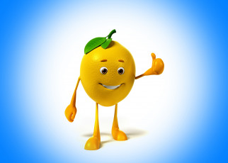 обоя 3д графика, юмор , humor, голубой, фон, class, eyes, smile, лимон, улыбка, взгляд, класс, 3d, blue, background, lemon