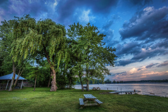 Картинка природа реки озера скамейка деревья лужайка река