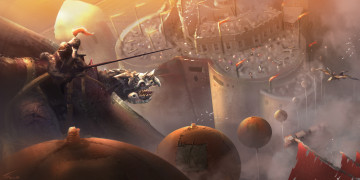 Картинка фэнтези драконы человек полет высота город всадник дракон арт