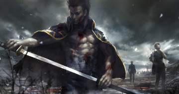 Картинка фэнтези люди курит сигарета плащ рана кровь бинт мрачно тучи катана меч парни