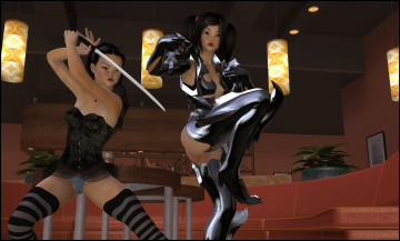 обоя 3д графика, фантазия , fantasy, девушки, взгляд, азиатка, катана